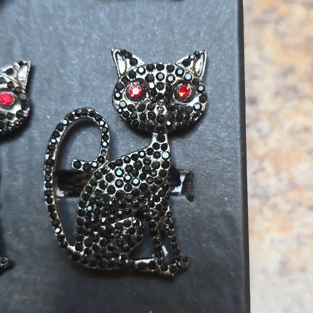 Tahari Black Cat Rhinestone Napkin Rings Set of 4 Red Eyes Halloween
